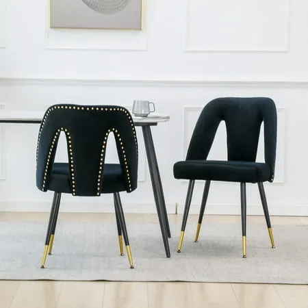 Set of 2 Velvet Upholstered Dining Chairs Modern Bar Stools Leisure Bar Chairs Side Chairs with Nailheads and Gold Tipped Black Metal Legs for Living Room Bedroom Black