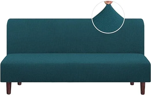 Stretch Armless Futon Cover Futon Slipcover Full Queen Size Futon Couch Cover Futon Sofa Cover Futon Bed Cover Furniture Protector with Elastic Bottom, Checked Pattern Jacquard (Futon, Deep Teal)