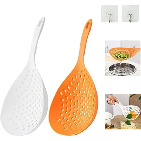 2 Pieces Scoop Colander Strainer Spoon Strainer Scoop Colander Slotted Pasta Spoon Plastic Skimmer Spoon with Handle Food Drain Shovel for Kitchen Cooking Tools White+Orange