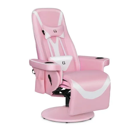 Modern-Depo Massage Video Gaming Recliner Chair Ergonomic High Back Swivel Reclining Chair with Speakers, Cupholder, Headrest, Lumbar Support, Adjustable Backrest and Footrest, Pink White