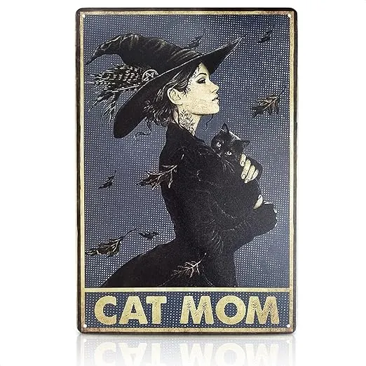 MALLONY Black Cat Mom Vintage Witch Wall Art Decor Tin Signs Metal - 8x12 Witch Decorations for Home Black Cat Decor Decorations for Room – Cat Decor Kitchen Decorations