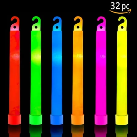 32 Glow Sticks Ultra Bright 6 Inch Large Glow Stick - Chem Light Sticks with 12 Hour Duration - Camping Glow Sticks - Glowsticks for Parties and Kids (Colorful)