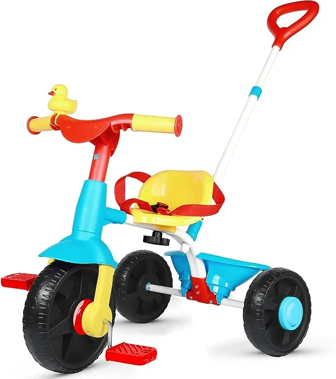 KRIDDO 2 in 1 Kids Tricycles Age 18 Month to 3 Years, Gift Toddler Tricycles for 2-3 Year Olds, Trikes for Toddlers with Push Handle and Duck Bell (Classic, EVA Wheel)