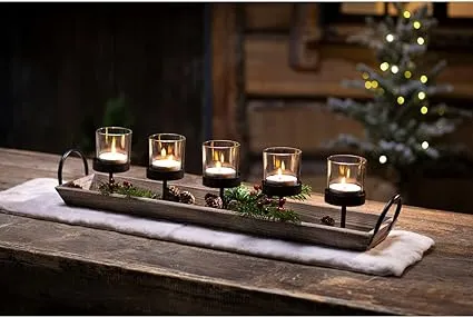 Pier Surplus 27.5 in. Rustic Wood Candle Centerpiece Tray with Five Metal Candle Holders