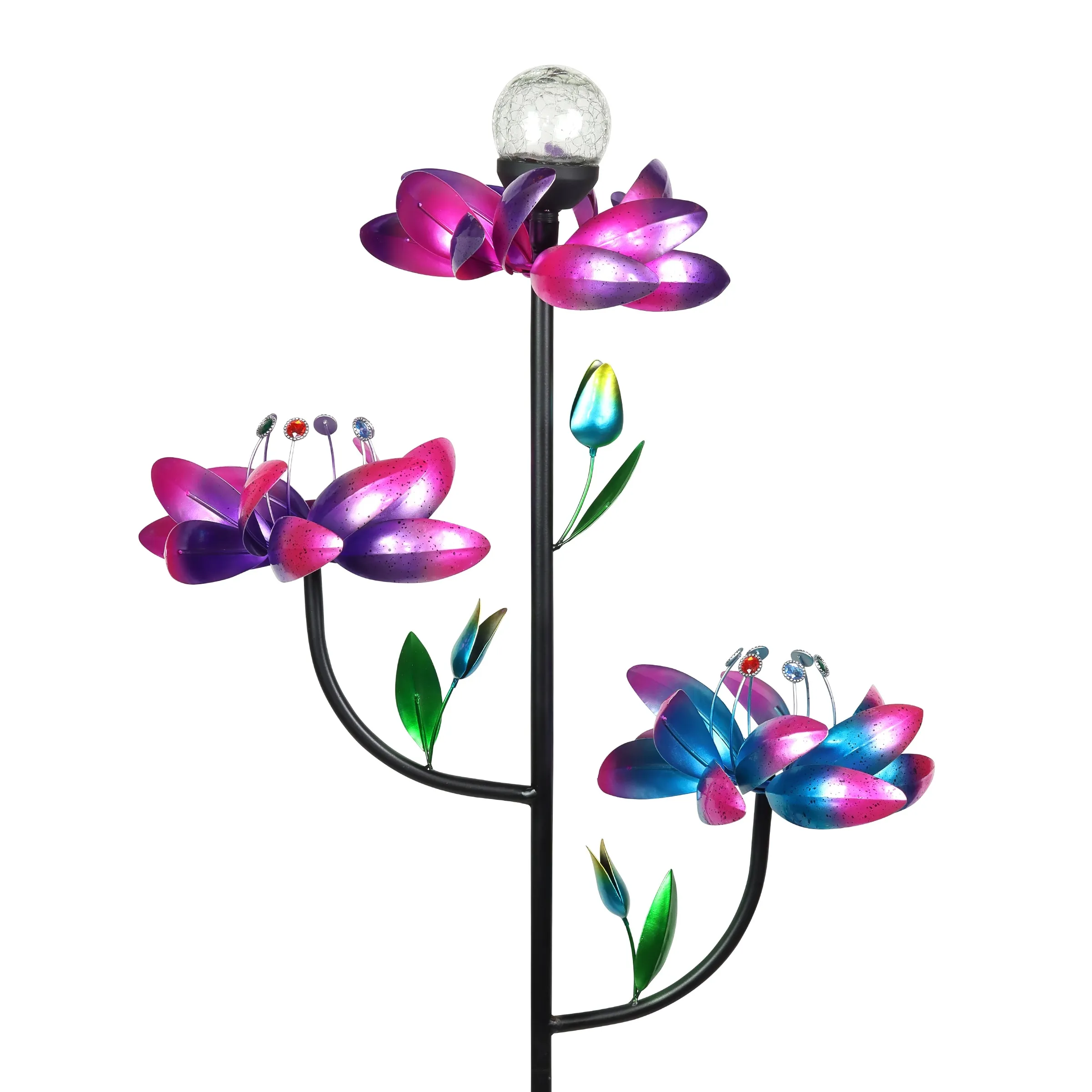 Exhart Triple Kinetic Flower Wind Spinner Garden Stake with Solar Color Changing Crackle Glass Ball, 21 by 70 Inches