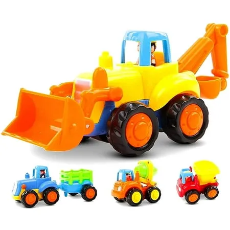 Inertia Toy Early Educational Toddler Baby Toy Friction Powered Cars Push and Go Cars Tractor Bulldozer Dumper Cement Mixer Engineering Vehicles Toys for Children Boys Girls Kids Gift 4PCS