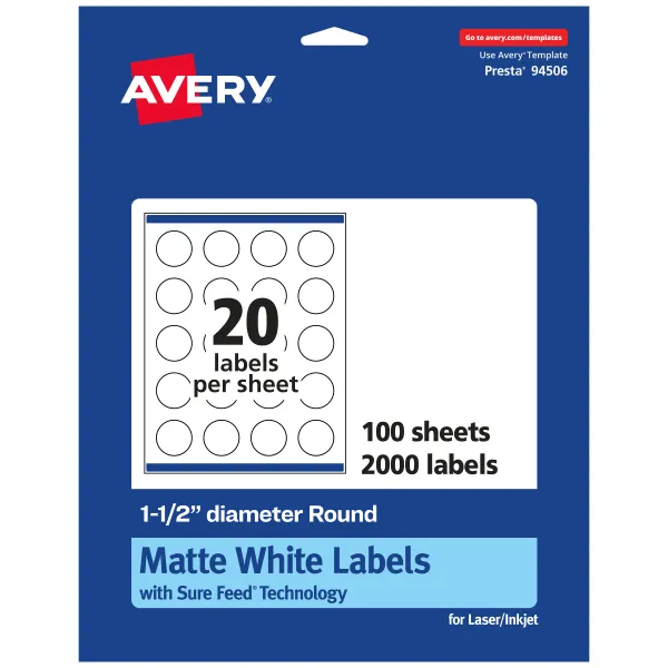 Avery Matte White Round Labels with Sure Feed, 1.5" diameter, 2,000 Matte White Printable Labels