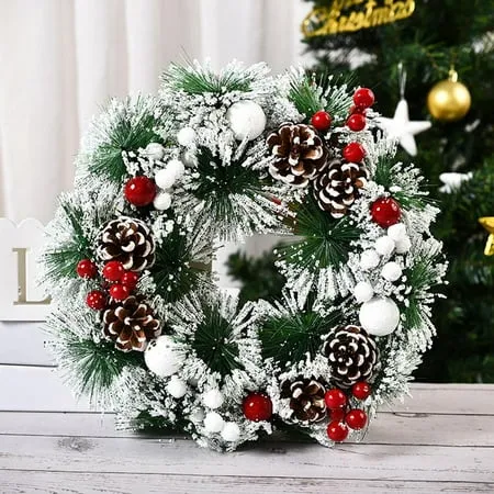 Red and White Holiday Wreath for Front Door - Cordless Wall Hanging Christmas Garland Trim for Indoor and Outdoor Decor