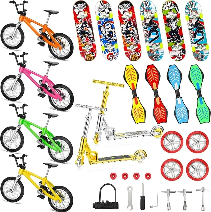 Skylety 31 Pieces Mini Finger Toys Set for Boy Girl Includes 6 Finger Skateboards, 4 Finger Bikes, 2 Mini Scooters 4 Swing Board 8 Matched Wheels 7 Tool Accessories Educational Toy Party Favor (Cool)