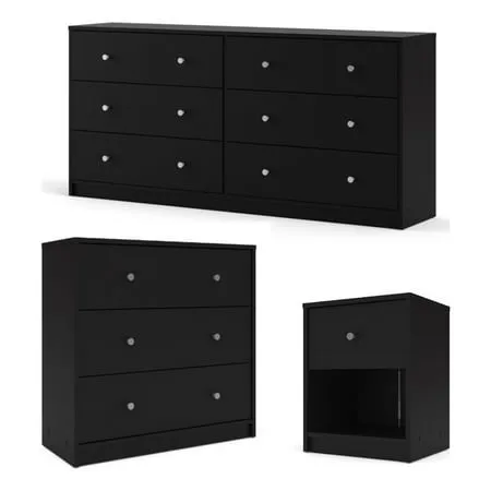 Home Square 3pc Set of Engineered Wood Black 3Drawer Chest 6Drawer Dresser & Nightstand