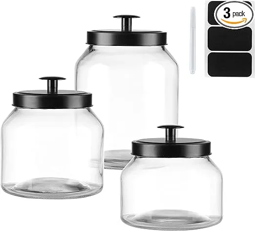 Clear Glass Kitchen Canister Set, Cookie Jar, Food Storage Container, Bathroom Jar with Metal Airtight Lid (Black)