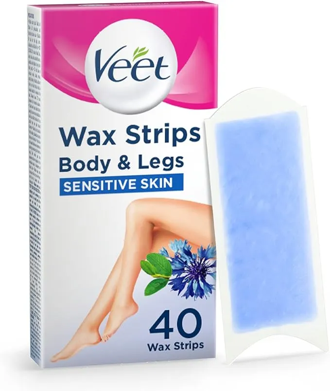 Veet Body And Legs Cold Wax Strips For Sensitive Skin, With Almond Oil And Vitamin E, Pack Of 40 Wax Strips (20 Double Sided Strips)