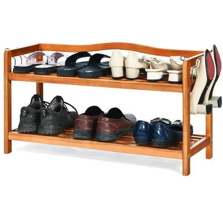 Giantex 2-Tier Wood Shoe Rack Entryway Shoe Shelf Storage Organizer for Hallway Bathroom Living Room Free Standing Shoe Racks with Metal Side Hangers