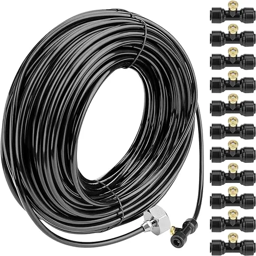 Misting Cooling System 98.4FT (30M) Misting Line + 50 Brass Mist Nozzles + 50 T-Connectors + 1 Faucet Adapters (3/4") Outdoor Mister for Patio Garden Greenhouse Trampoline for Waterpark