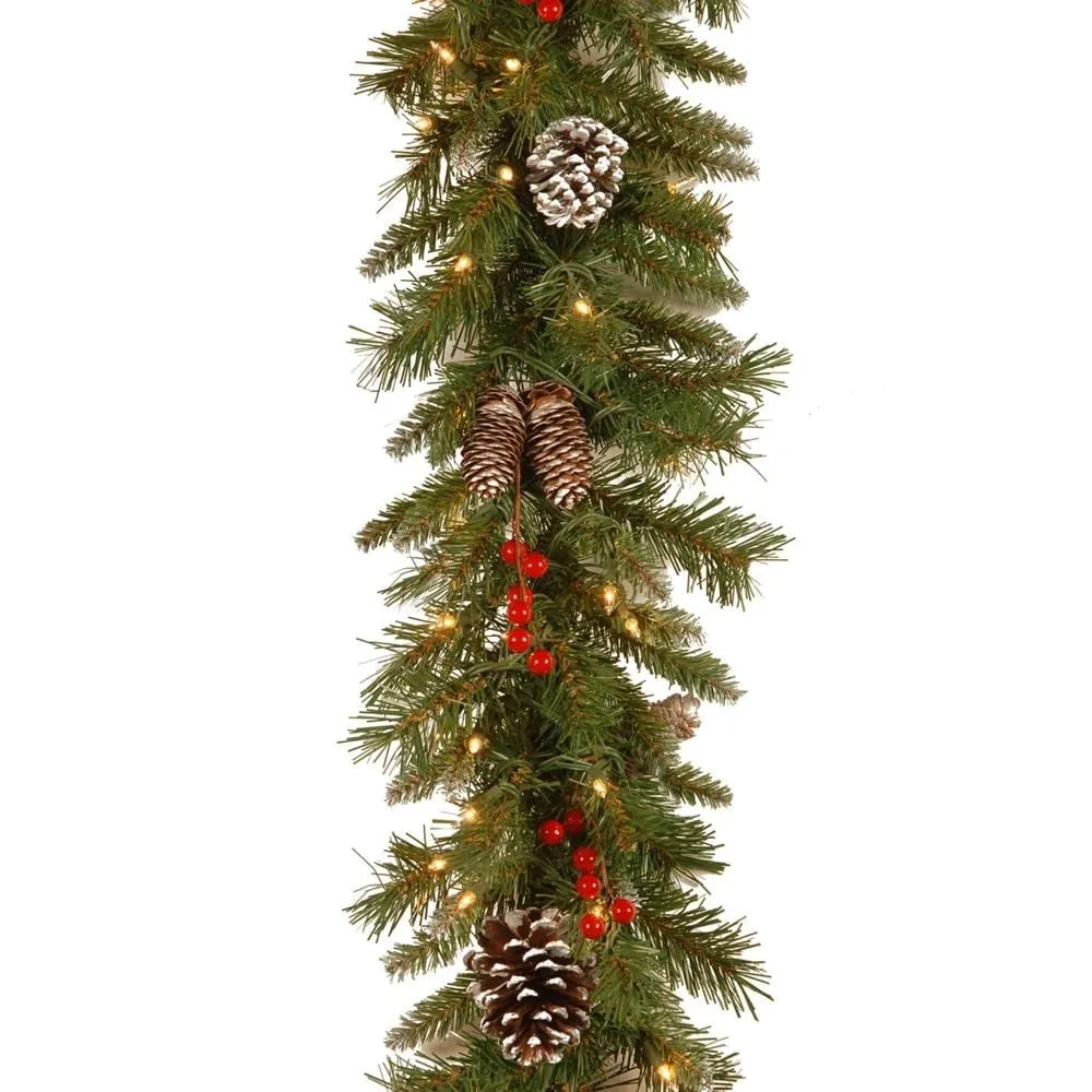 National Tree Company Pre-Lit Artificial Christmas Garland, Green, Frosted Berry, White Lights, Decorated with Pine Cones, Berry Clusters, Plug In, Christmas Collection, 9 Feet