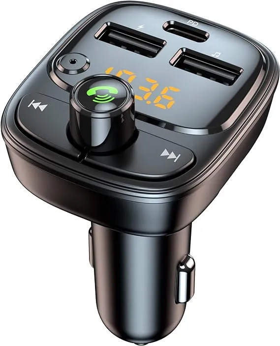 Bluetooth FM Transmitter for Car, Wireless Radio Adapter MP3 Player Stereo Music Hands Free Car Kit, USB C Car Charger for iPhone Samsung Cell Phone, PD 24W & 5V/2.4A, Support TF Card/U Disk (Black)