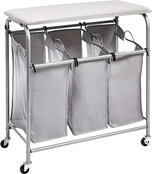 Amazon Basics 3-Bag Laundry Sorter with Ironing Board Top, Grey