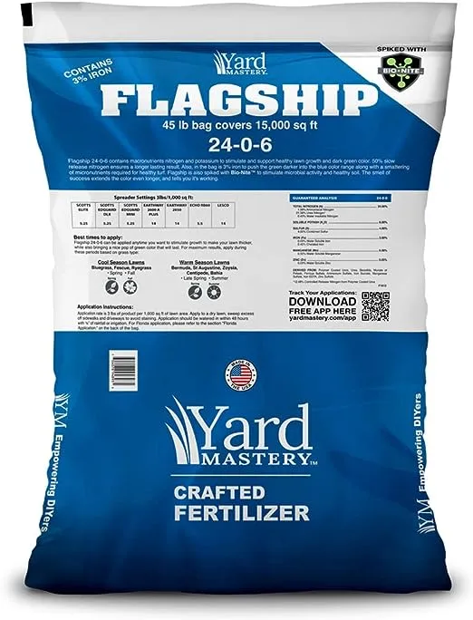 Yard Mastery 24-0-6 Flagship Granular Lawn Fertilizer with 3% Iron, Bio-Nite™, 45 lb Bag Covers 15,000 sq ft, 6% Potassium, Micronutrients and 24% Slow Release Nitrogen