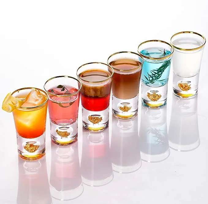 JBHO 1.5 Oz 24K Gold Rim and Base Shot Glasses Set of 6, Crystal Heavy Base, Cool and Fancy, Serving Tequila, Liquor, Bourbon, Vodka and Whisky, Unique Christmas Gift