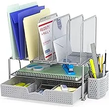 SimpleHouseware Mesh Desk Organizer with Sliding Drawer, Double Tray and 5 Upright Sections, Black