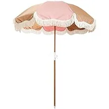 Business & Pleasure Co. Holiday Umbrella - Boho Beach Umbrella with White Fringe - UPF 50+ - Premium Wood Pole & Adjustable Hinge - 5’ x 6.5’, 70s Panel Sand