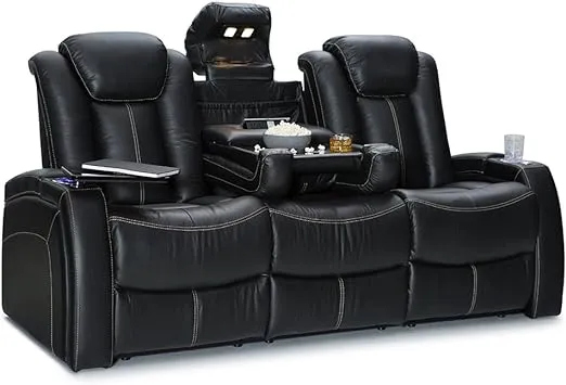 Seatcraft Republic Leather Home Theater Seating Power Recline - Sofa w/ Fold Down Table, Black