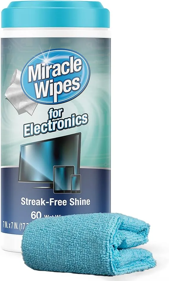 MiracleWipes for Electronics Cleaning - Screen Wipes Designed for TV, Phones, Monitors and More - Includes Microfiber Towel - (60 Count)