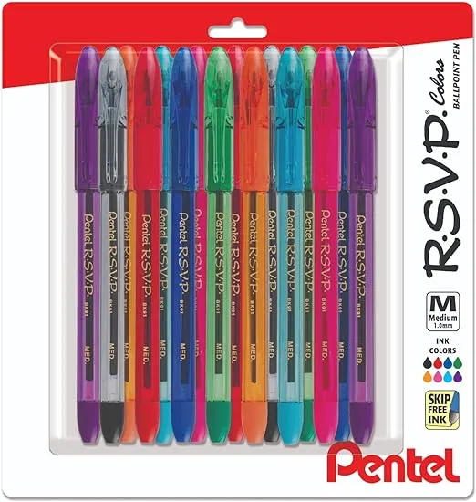 Pentel RSVP Medium Point Pens - Ballpoint - 1.0 mm - Clear Barrel - Assorted Ink Colors, Pack Of 16