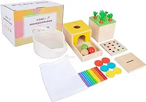 Montessori Toys for 1+ Year Old Baby Gifts,Play Kit Box Includes Carrot Harvest Games,Infant Coin Box,Fine Motor Skills Toys and Object Permanence