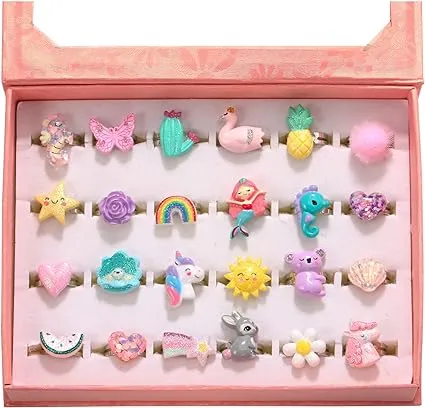 PinkSheep Little Girl Jewel Rings in Box, Adjustable, No Duplication, Girl Pretend Play and Dress Up Rings (24 Lovely Ring)