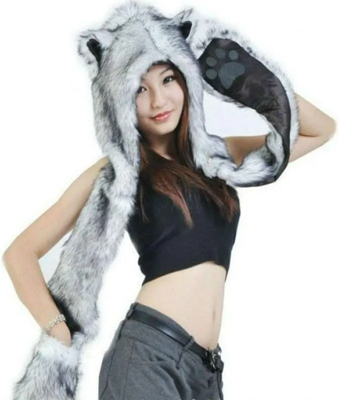 Grey Gray Wolf Anime Faux Animal Hood Hoods Mittens Gloves Scarf Paws Ears