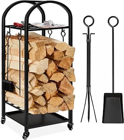 Best Choice Products Large Firewood Log Rack, XL 4ft 3 Tier Wrought Iron Firewood Rack with Tools Wheels, Indoor Outdoor Wood Storage w/ 4 Piece Tool Set, Locking Casters