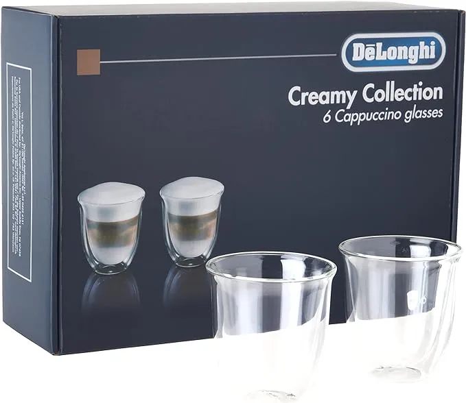 De'Longhi 5513296661-DLKC301 Delonghi DLKC301 Creamy Collection Double Walled Thermo Cappuccino Glasses, Set of 6, Dishwasher Safe,Clear, 270 milliliters, Transparent