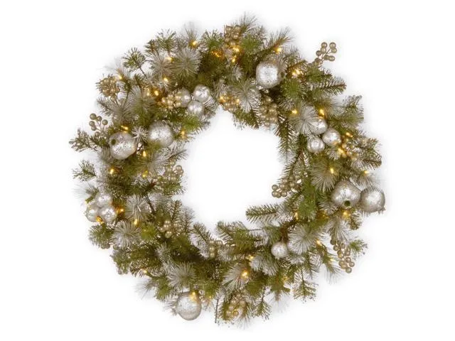 National Tree Company Pre-Lit Artificial Christmas Wreath, Green, Glittery Pomegranate Pine, White Lights, Decorated with Pomegranates, Berry Clusters, Christmas Collection, 30 Inches