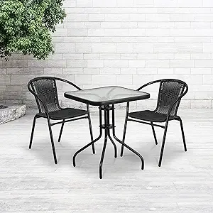 Flash Furniture Lila 23.5'' Square Glass Metal Table with 2 Black Rattan Stack Chairs