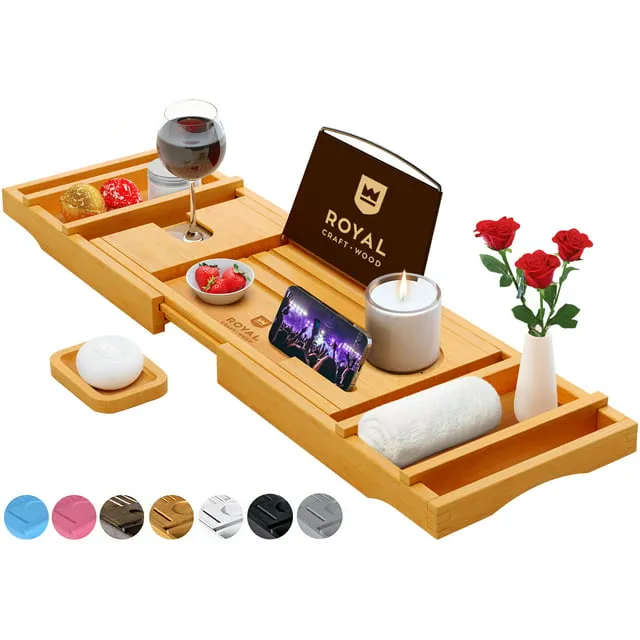 ROYAL CRAFT WOOD Luxury Bathtub Caddy Tray, One or Two Person Bath and Bed Tray, Bonus Free Soap Holder (Natural Bamboo Color) (Natural)