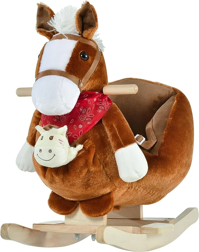 Qaba Kids Ride-On Rocking Horse Toy, Rocker ,Hand Puppets &amp; Soft Plush Fabric