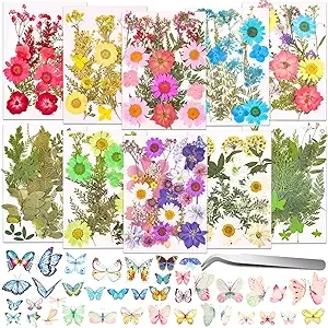 297 Pcs Dried Pressed Flowers Butterfly Stickers for Resin, Real Natural Dry Flowers Leaves Bulk with Tweezers for Art Craft Supplies Scrapbooking DIY Epoxy Resin Jewelry Candle Making Nails Décor297 Pcs Dried Pressed Flowers Butterfly Stickers for Resin