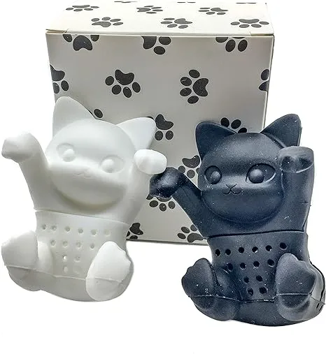 Tea Infuser Gift Set for Loose Leaf & Herbal Tea, Funny and Cute Silicone Cat Tea Strainer Pair in Unique Gift Box, Best Couples Gift, Set of 2, Black and White kit-tea