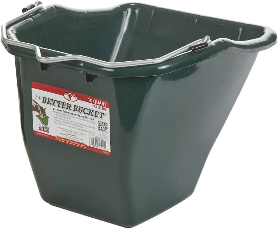 Little Giant® Plastic Better Bucket | Horse Feed Bucket | Ergonomically Designed | Flat Back Bucket | Made in USA | 10 Quarts | Green