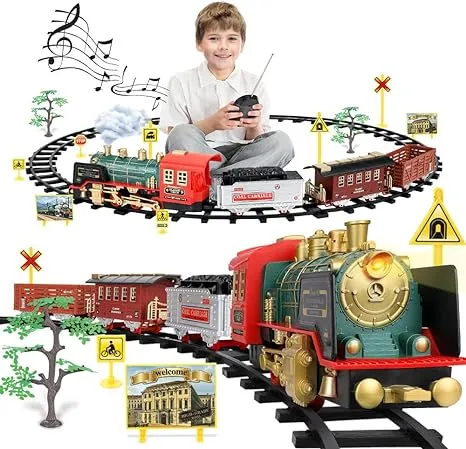 Mini Tudou Christmas Electric Train Set w/Steam, Sound & Light, Remote Control Train Toys w/Steam Locomotive Engine, Cargo Cars & Tracks, Toy Train w/Rechargeable Battery for Kids Boys 3+ Year Old