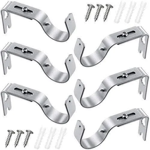 6 Pieces Curtain Rod Brackets General Adjustable Curtain Rod Holder Wall Bracket Hooks Outside Mounted Blinds Curtain Rod Bracket with Screws for 1 Inch Diameter Curtain Rod (Bright Silver)