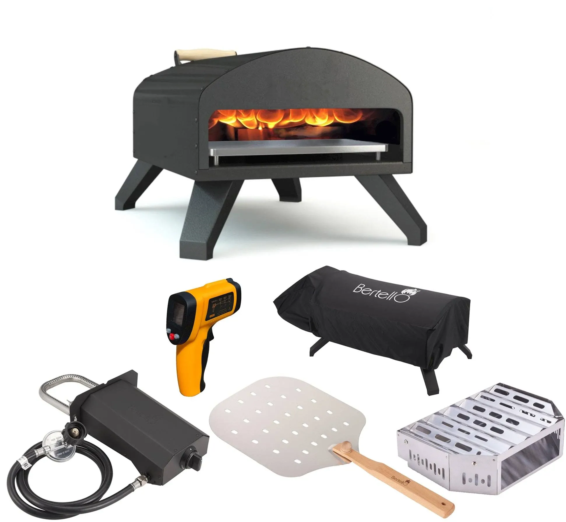 Bertello SimulFIRE Outdoor Pizza Oven Bundle - Wood Fire Portable 12 inch Brick Oven with Gas Burner, Peel, Wood Tray, Cover, & Thermometer - Portable Pizza Maker - As Seen on SHARK TANK