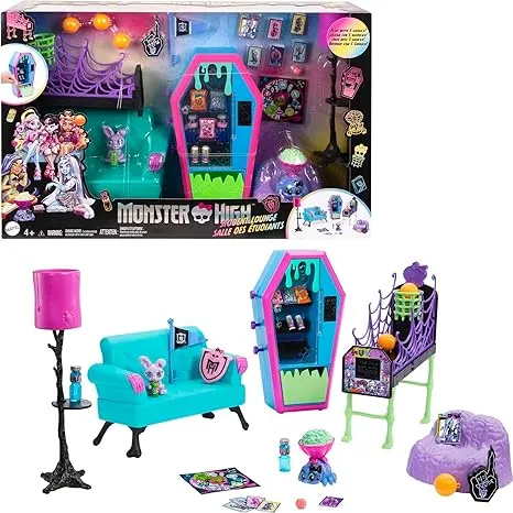 Monster High Spielset, Studentenlounge mit Puppenhausmöbeln, 2 Haustieren & thematischem Zubehör, funktionierender Automat