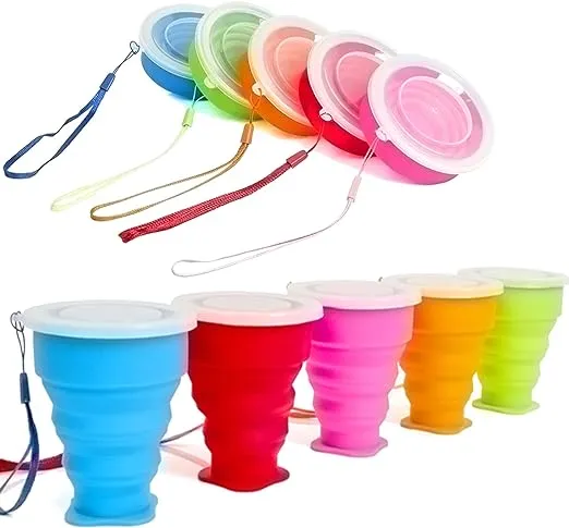 5 Pack Silicone Collapsible Cups for Traveling Foldable Camping Cups Collapsible Water Cup Portable Drinking Cups with Lids Collapsible Mug for Outdoor Hiking