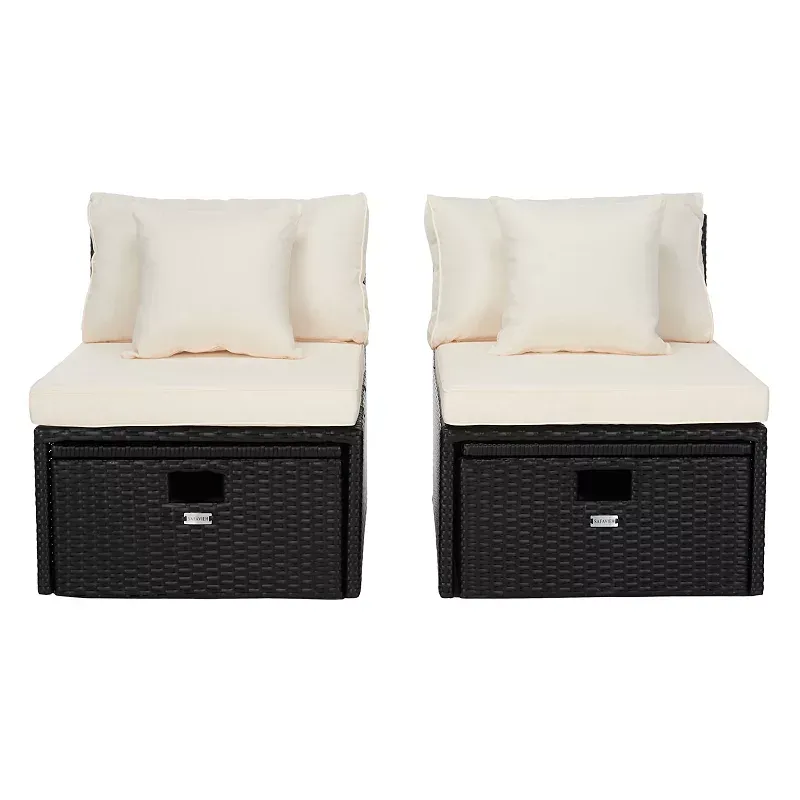 SAFAVIEH Outdoor Pramla Settee with Storage Ottomans (Set of 2) - Grey Brown/White