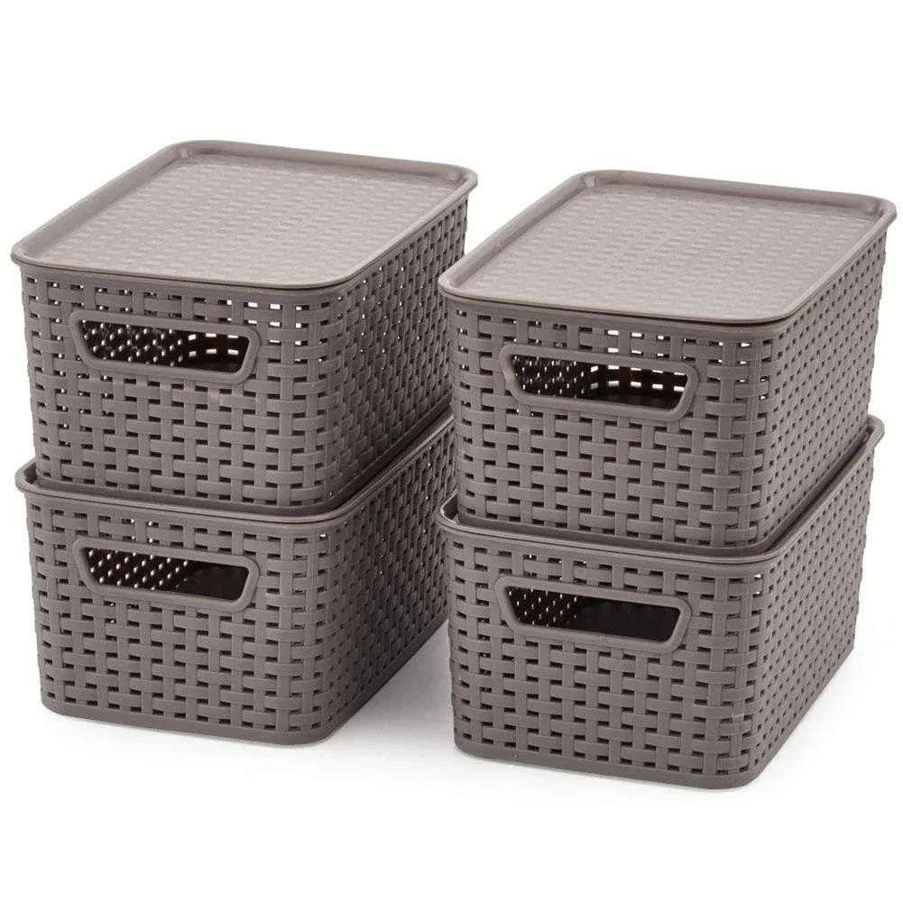 4pcs Lidded Storage Bins, Plastic Stackable Weaving Wicker Basket Containers ...