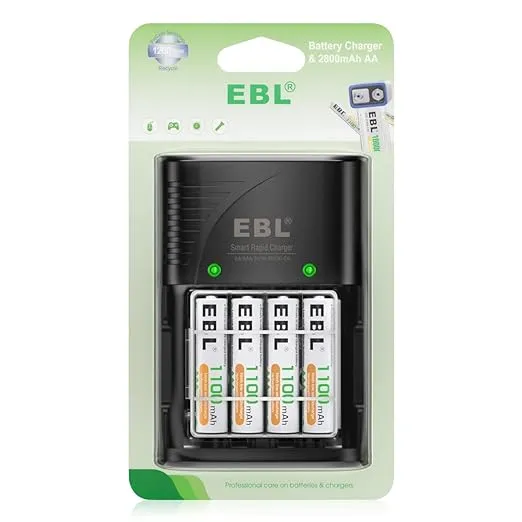 EBL Rechargeable AAA Batteries, 4-Pack Triple AAA Battery and AA AAA Battery Charger with Foldable AC Power Plug