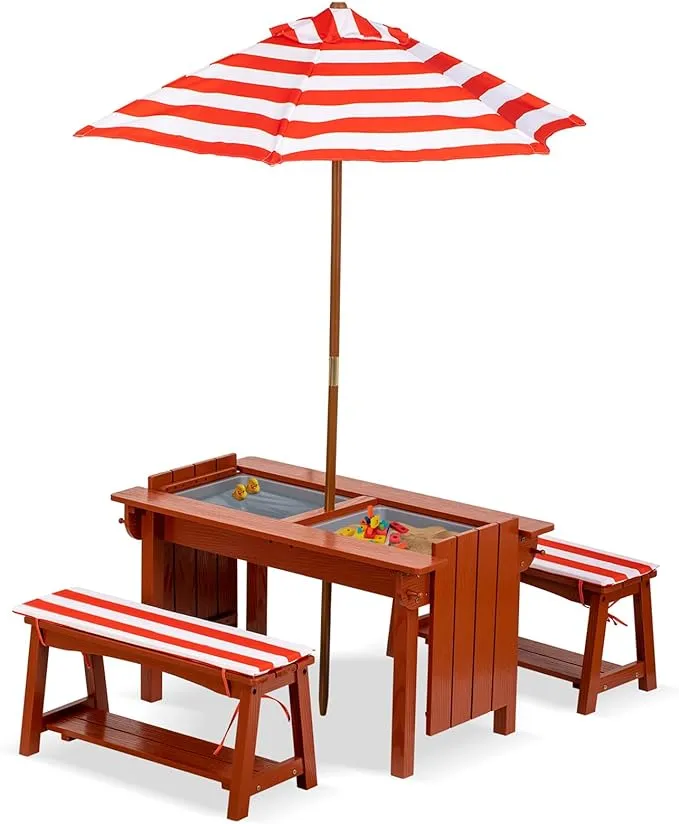 Brinjoy Kids Picnic Table with Umbrella, Outdoor Wooden Table & Bench Set w/Cushions & 2 Removable Boxes, 4-in-1 Children Sand and Water Activity