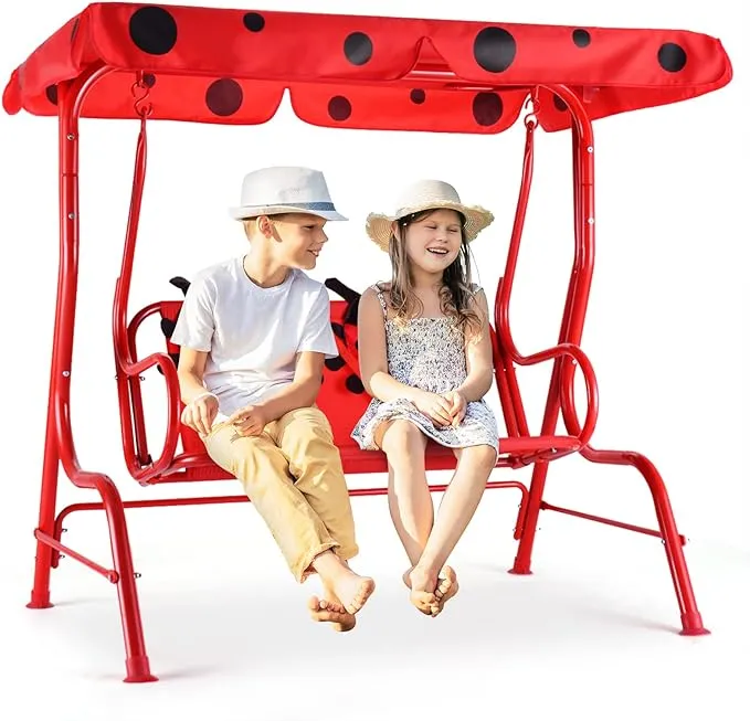 Costway Kids Patio Swing Chair Children Porch Bench Canopy 2 Person Yard Furniture red